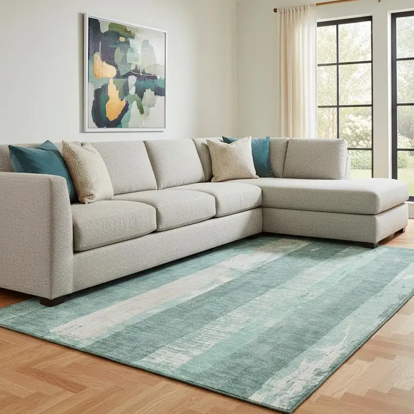 Pale Aqua Teal And Beige Striped Washable Area Rug With UV Protection Photo 2