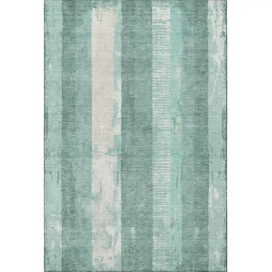 Pale Aqua Teal And Beige Striped Washable Area Rug With UV Protection Photo 3