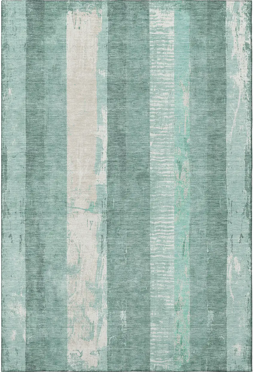 Pale Aqua Teal And Beige Striped Washable Area Rug With UV Protection Photo 3