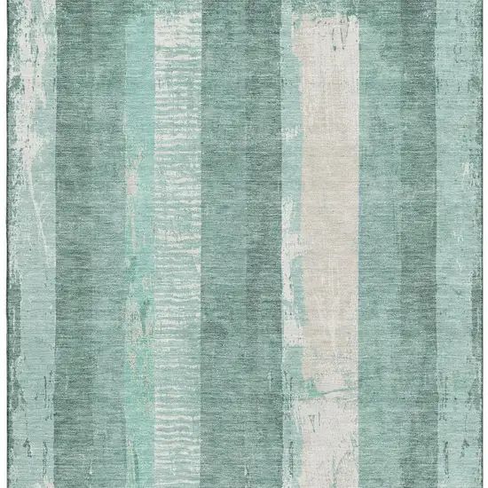 Pale Aqua Teal And Beige Striped Washable Area Rug With UV Protection Photo 2