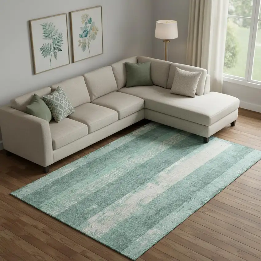 Pale Aqua Teal And Beige Striped Washable Area Rug With UV Protection Photo 2