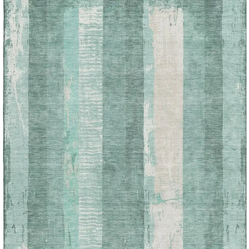 Pale Aqua Teal And Beige Striped Washable Area Rug With UV Protection Photo 3