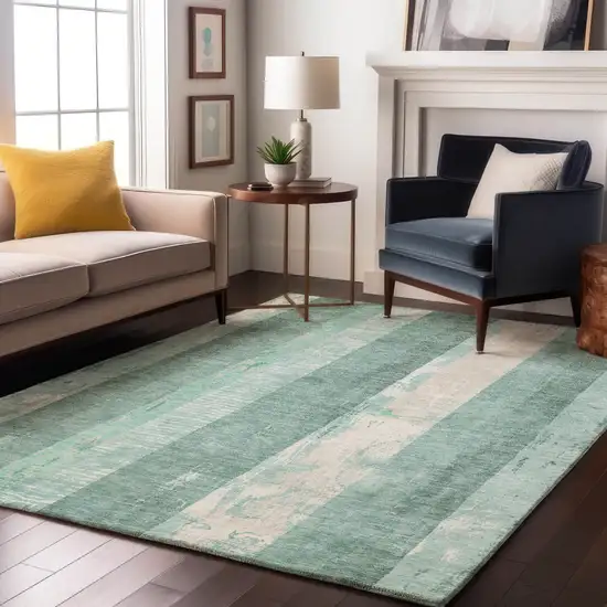 Pale Aqua Teal And Beige Striped Washable Area Rug With UV Protection Photo 5