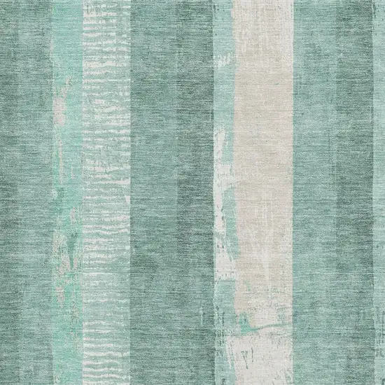 Pale Aqua Teal And Beige Striped Washable Area Rug With UV Protection Photo 2