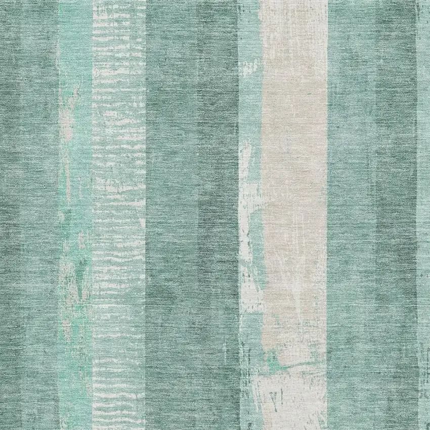 Pale Aqua Teal And Beige Striped Washable Area Rug With UV Protection Photo 2