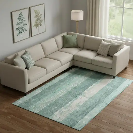 Pale Aqua Teal And Beige Striped Washable Area Rug With UV Protection Photo 2