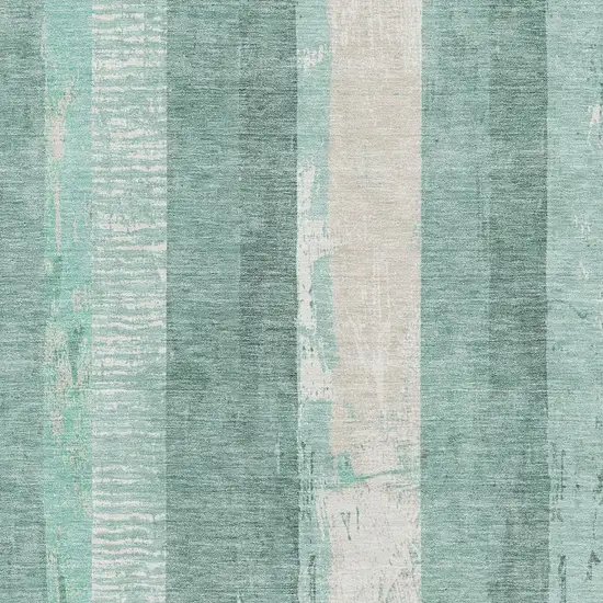 Pale Aqua Teal And Beige Striped Washable Area Rug With UV Protection Photo 2