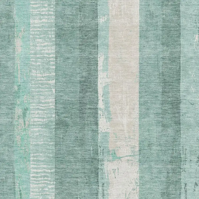 Pale Aqua Teal And Beige Striped Washable Area Rug With UV Protection Photo 2