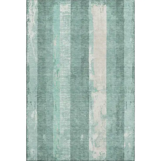 Pale Aqua Teal And Beige Striped Washable Area Rug With UV Protection Photo 1