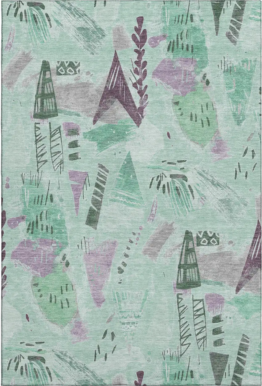 Pale Aqua Teal And Green Geometric Washable Area Rug With UV Protection Photo 1