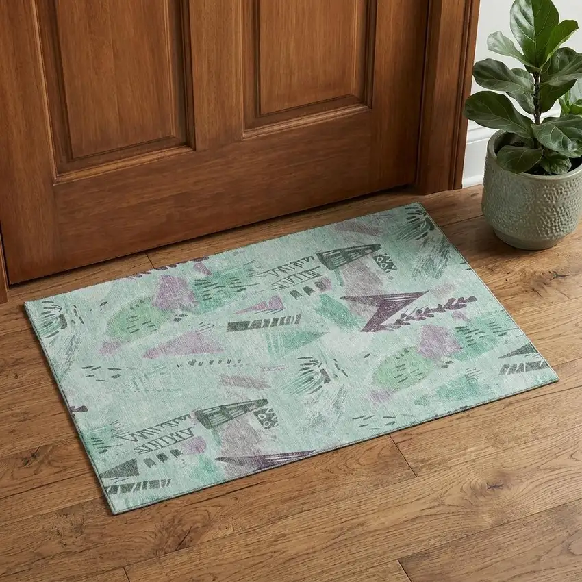 Pale Aqua Teal And Green Geometric Washable Area Rug With UV Protection Photo 1