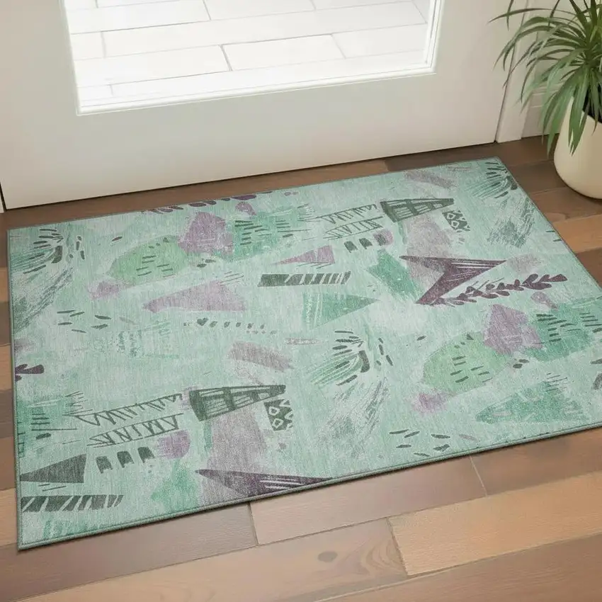 Pale Aqua Teal And Green Geometric Washable Area Rug With UV Protection Photo 2