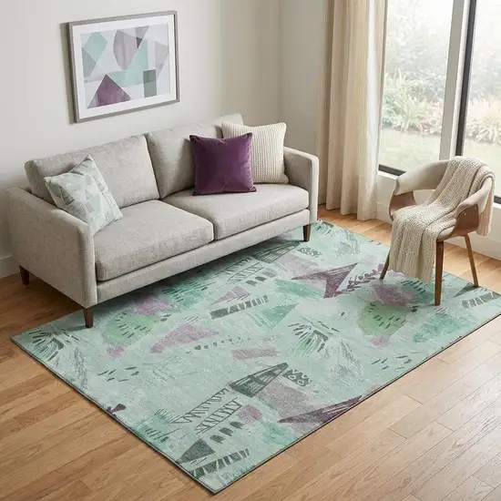 Pale Aqua Teal And Green Geometric Washable Area Rug With UV Protection Photo 1