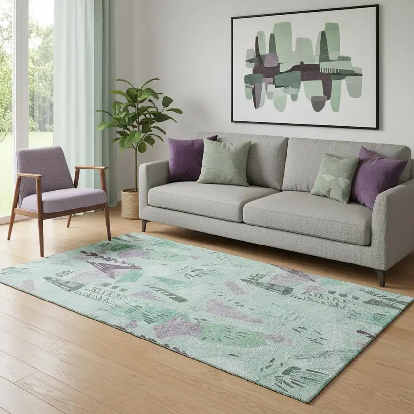 Pale Aqua Teal And Green Geometric Washable Area Rug With UV Protection Photo 2