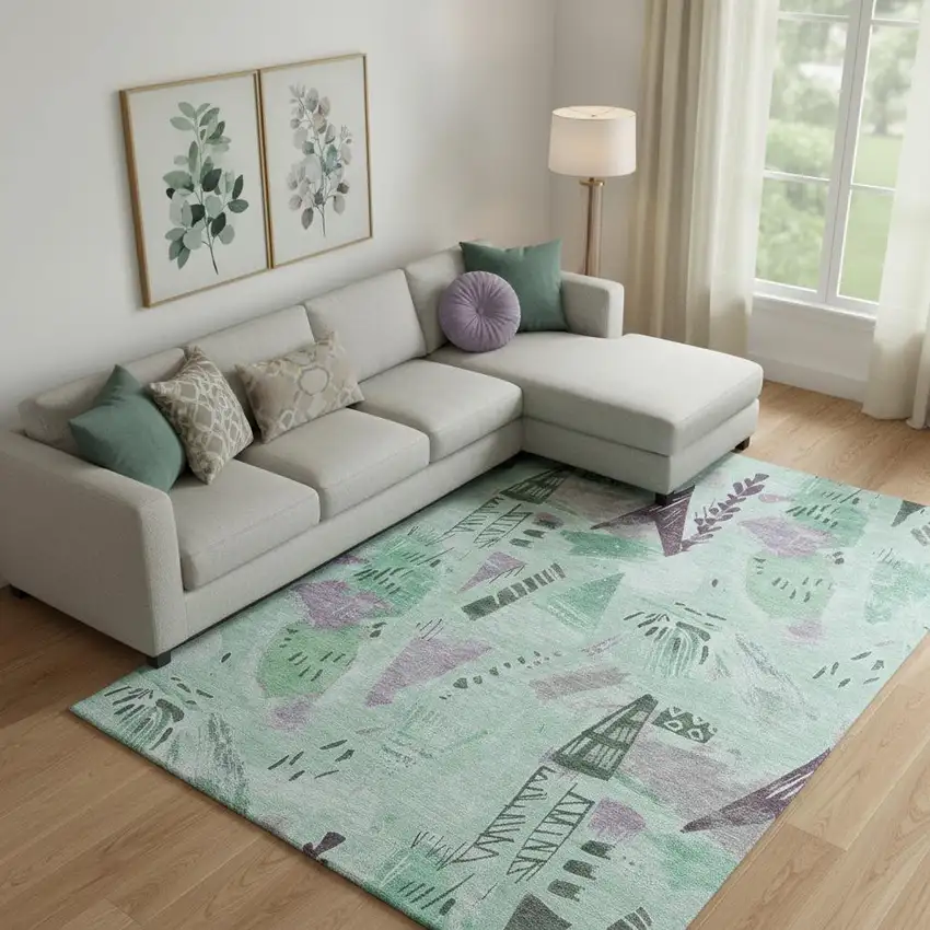 Pale Aqua Teal And Green Geometric Washable Area Rug With UV Protection Photo 2