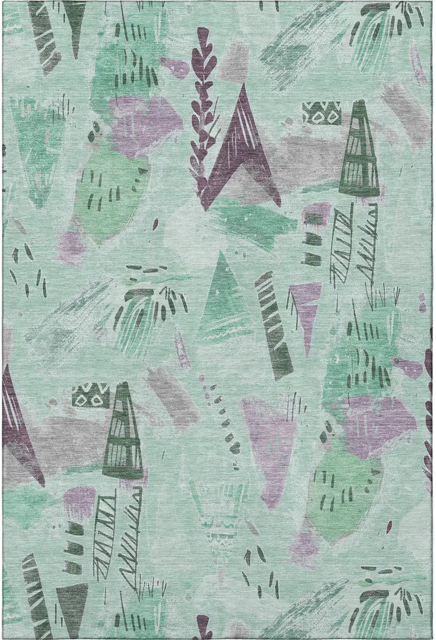 Pale Aqua Teal And Green Geometric Washable Area Rug With UV Protection Photo 3