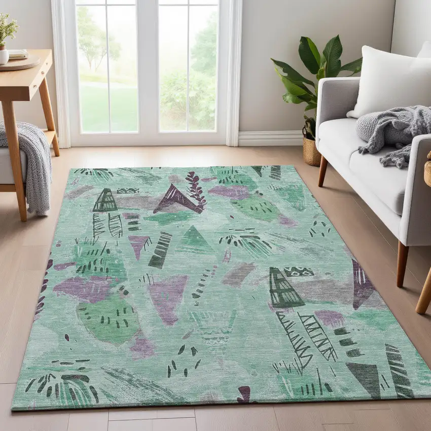 Pale Aqua Teal And Green Geometric Washable Area Rug With UV Protection Photo 5