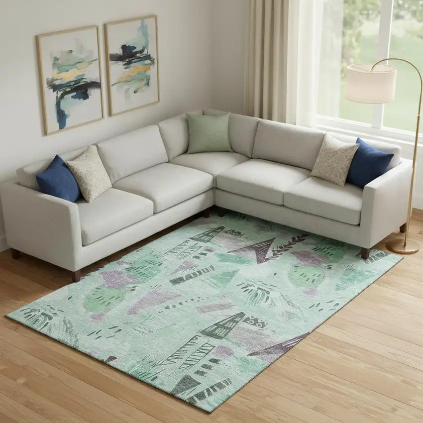 Pale Aqua Teal And Green Geometric Washable Area Rug With UV Protection Photo 2