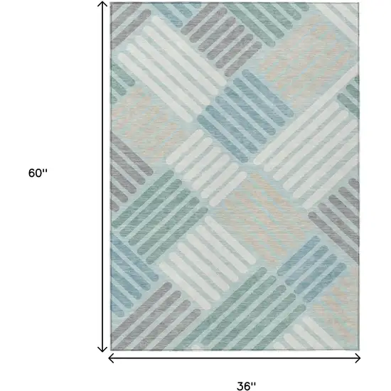 Pale Aqua Wheat And Ivory Geometric Washable Indoor Outdoor Area Rug Photo 3