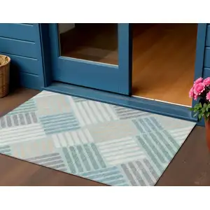 Photo of Pale Aqua Wheat And Ivory Geometric Washable Indoor Outdoor Area Rug
