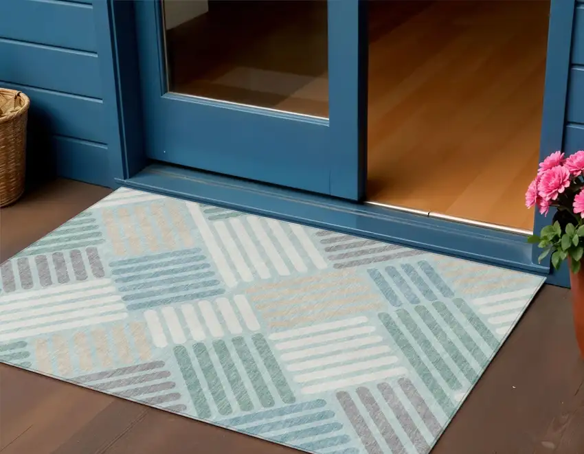 Pale Aqua Wheat And Ivory Geometric Washable Indoor Outdoor Area Rug Photo 1