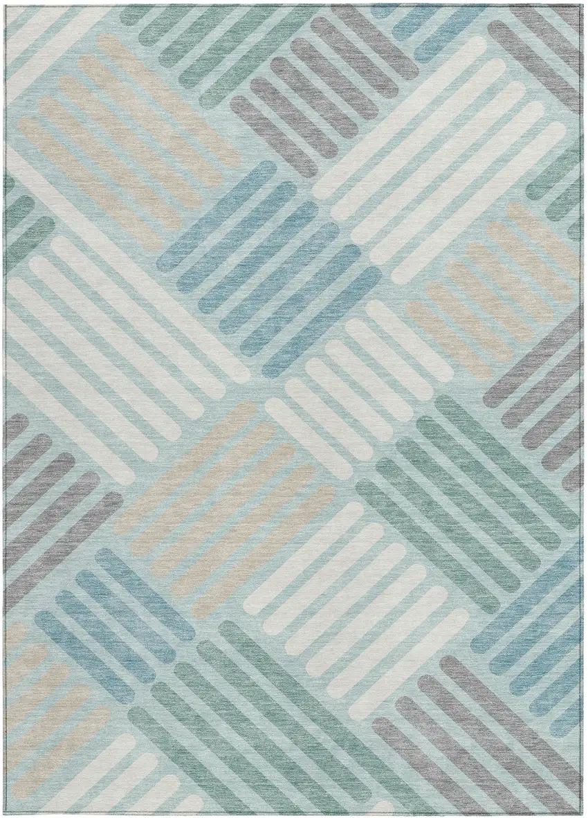 Pale Aqua Wheat And Ivory Geometric Washable Indoor Outdoor Area Rug Photo 4
