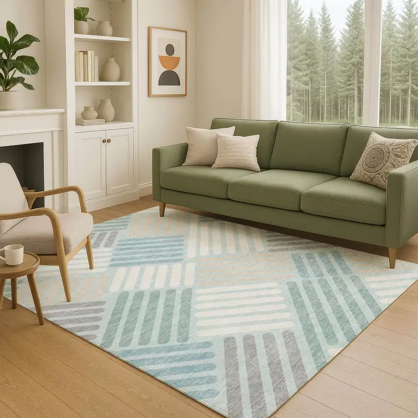 Pale Aqua Wheat And Ivory Geometric Washable Indoor Outdoor Area Rug Photo 9