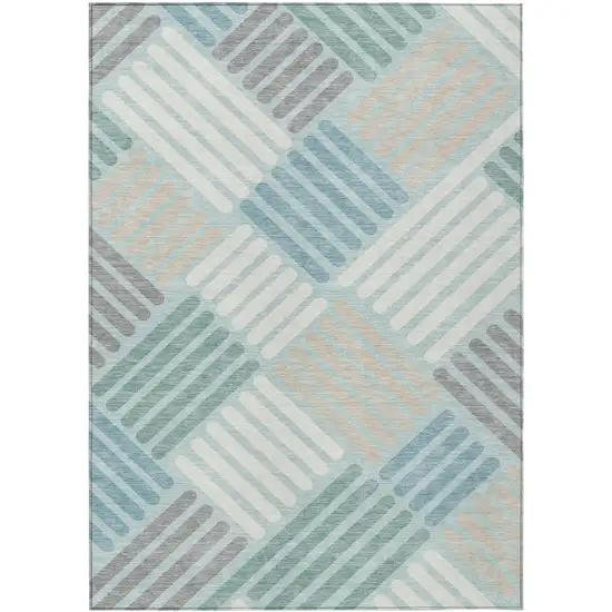 Pale Aqua Wheat And Ivory Geometric Washable Indoor Outdoor Area Rug Photo 2