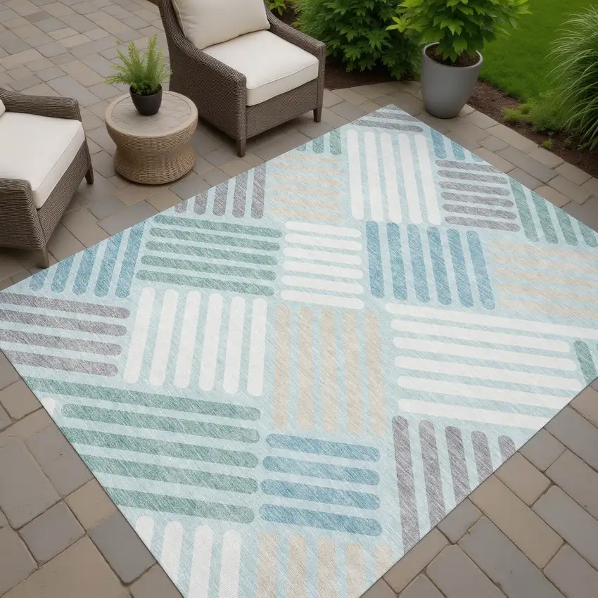 Pale Aqua Wheat And Ivory Geometric Washable Indoor Outdoor Area Rug Photo 8