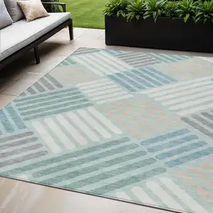 Photo of Pale Aqua Wheat And Ivory Geometric Washable Indoor Outdoor Area Rug