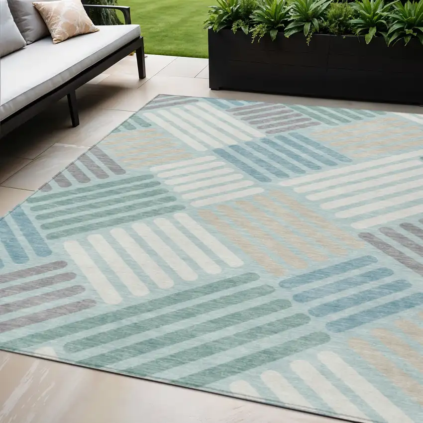 Pale Aqua Wheat And Ivory Geometric Washable Indoor Outdoor Area Rug Photo 1