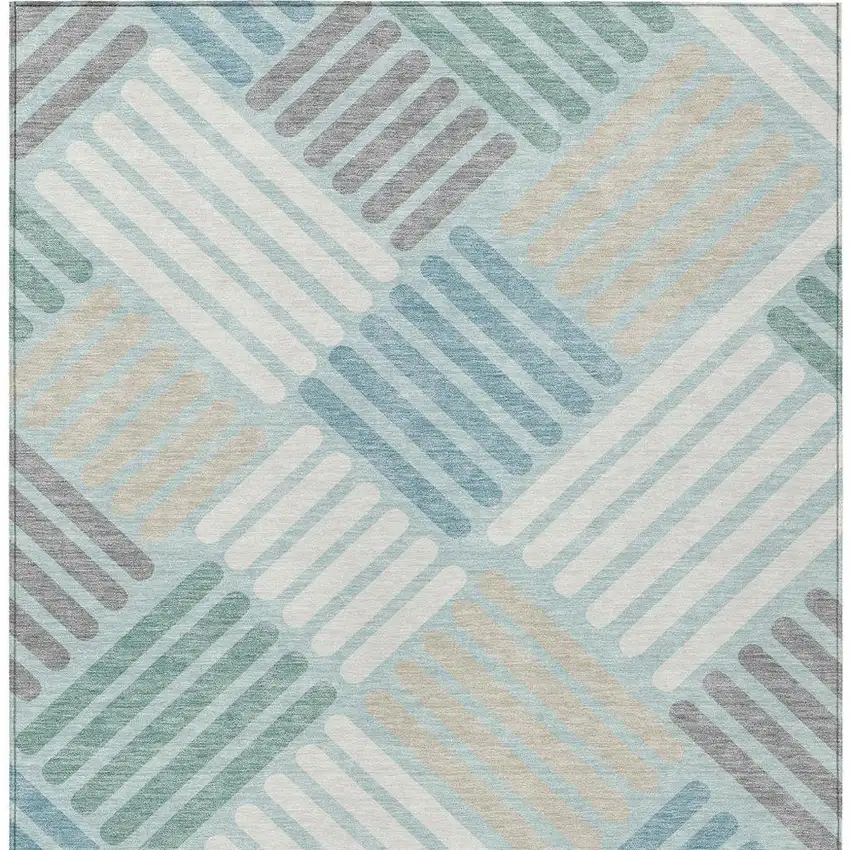 Pale Aqua Wheat And Ivory Geometric Washable Indoor Outdoor Area Rug Photo 7