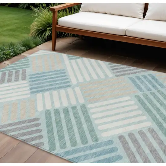 Pale Aqua Wheat And Ivory Geometric Washable Indoor Outdoor Area Rug Photo 1