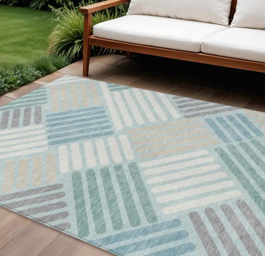 Pale Aqua Wheat And Ivory Geometric Washable Indoor Outdoor Area Rug Photo 1