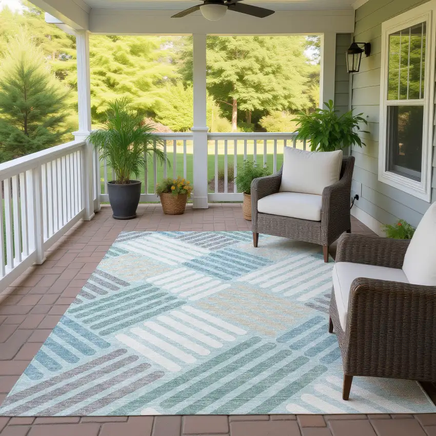 Pale Aqua Wheat And Ivory Geometric Washable Indoor Outdoor Area Rug Photo 9