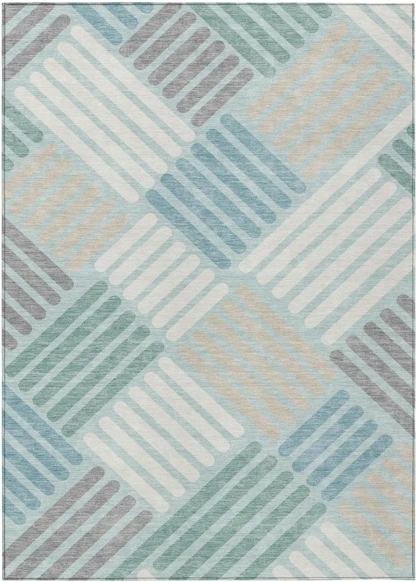 Pale Aqua Wheat And Ivory Geometric Washable Indoor Outdoor Area Rug Photo 2