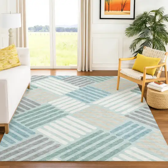 Pale Aqua Wheat And Ivory Geometric Washable Indoor Outdoor Area Rug Photo 9