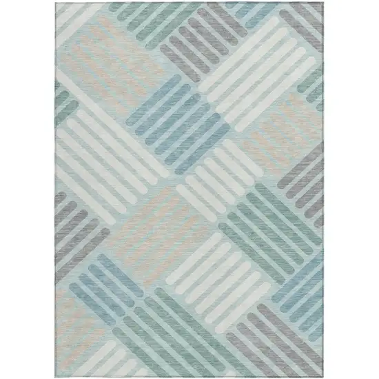 Pale Aqua Wheat And Ivory Geometric Washable Indoor Outdoor Area Rug Photo 4