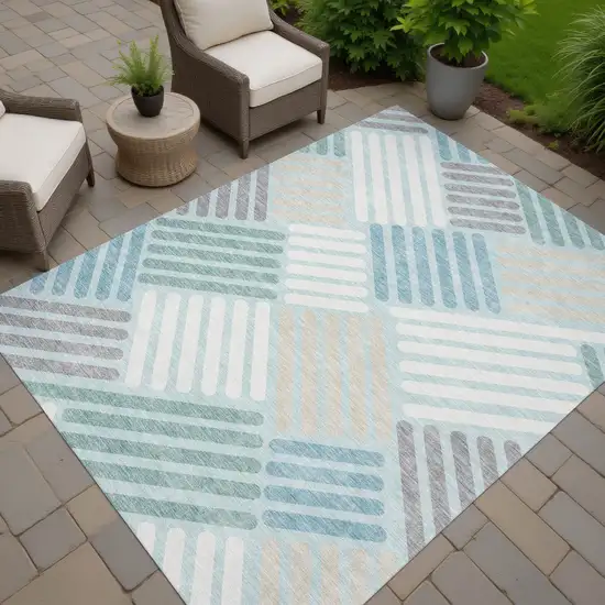 Pale Aqua Wheat And Ivory Geometric Washable Indoor Outdoor Area Rug Photo 7
