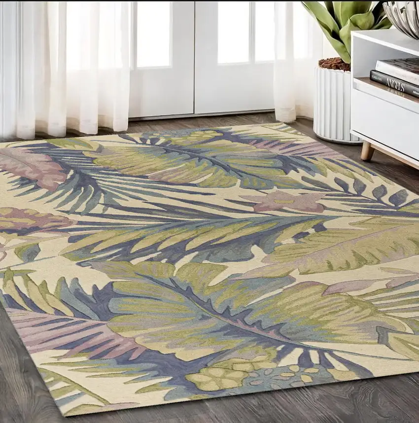 Pastel Ivory Hand Tufted Tropical Plants Indoor Area Rug Photo 1