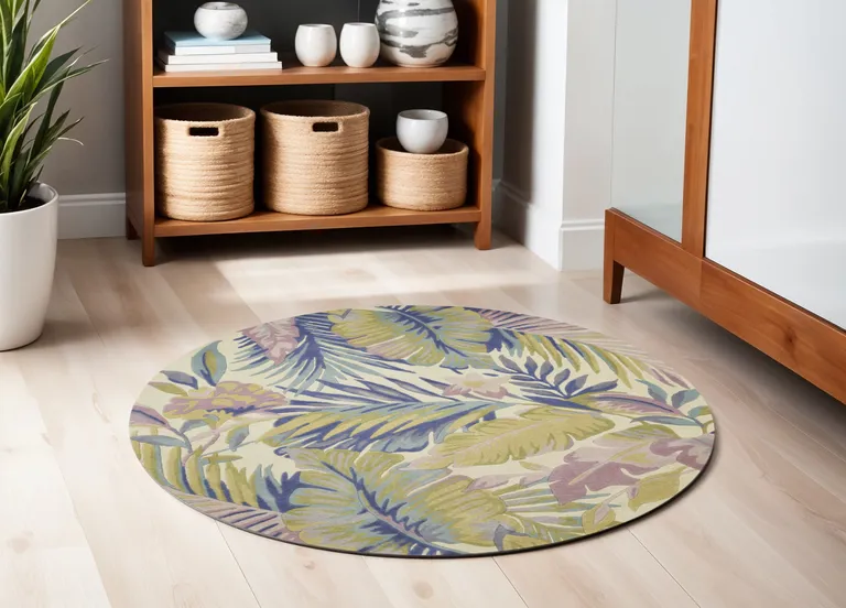 Pastel Ivory Hand Tufted Tropical Plants Round Indoor Area Rug Photo 5