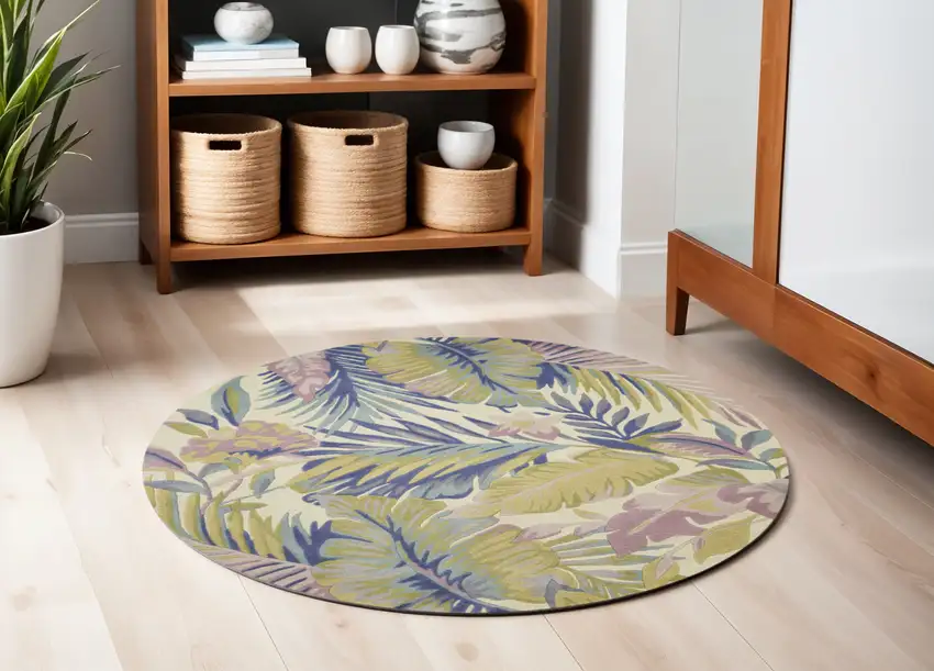 6' Green Pink And Purple Wool Tropical Botanical Hand Tufted Round Rug Photo 1