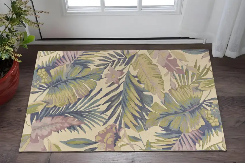 Green Pink And Purple Wool Tropical Botanical Hand Tufted Area Rug Photo 1