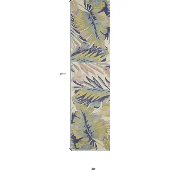 10' Ivory Pink and Green Wool Tropical Botanical Hand Tufted Runner Rug Photo 5