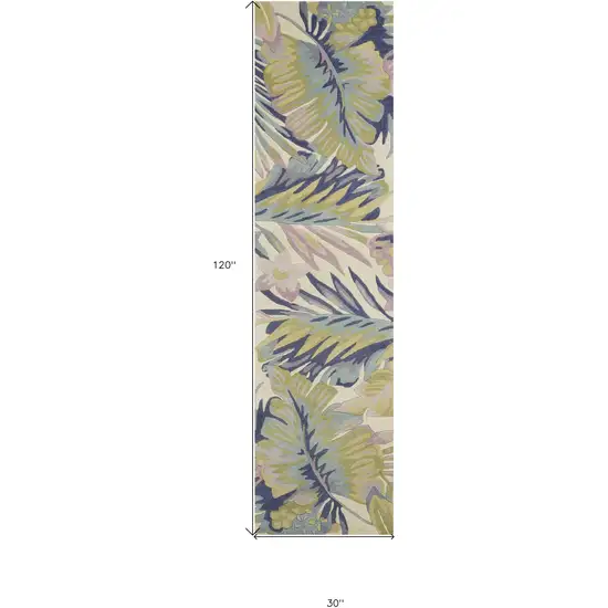 10' Ivory Pink and Green Wool Tropical Botanical Hand Tufted Runner Rug Photo 5