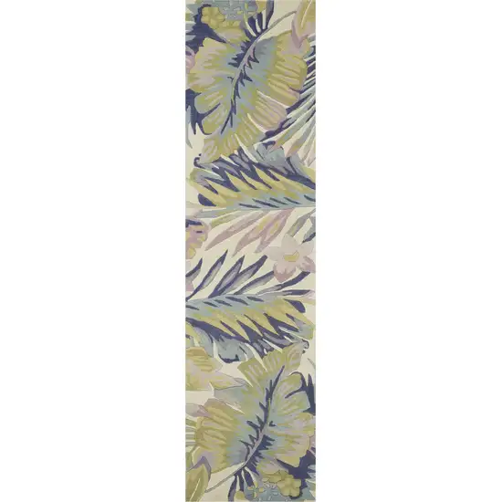 10' Ivory Pink and Green Wool Tropical Botanical Hand Tufted Runner Rug Photo 2