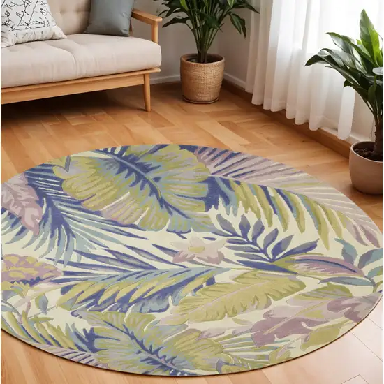 8' Green Pink And Purple Wool Tropical Botanical Hand Tufted Round Rug Photo 1
