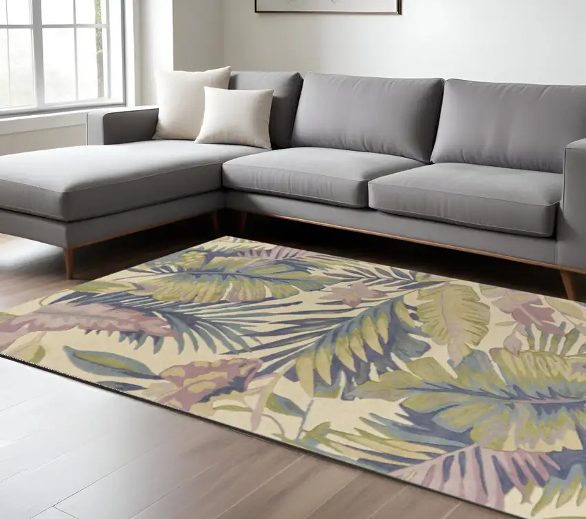 Green Pink And Purple Wool Tropical Botanical Hand Tufted Area Rug Photo 1
