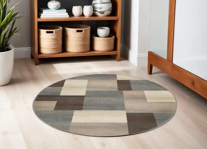 5' Gray Tan And Brown Patchwork Round Rug Photo 1