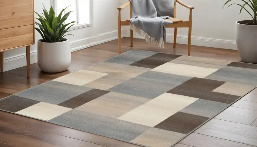 5' Gray Tan And Brown Patchwork Square Rug Photo 1